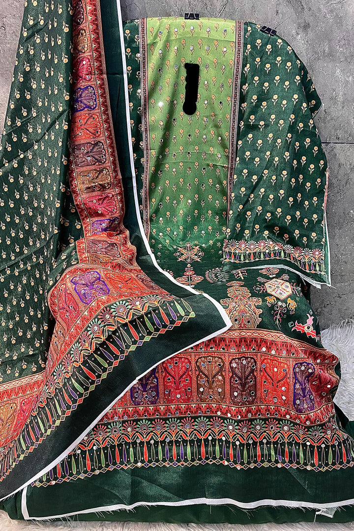 Digital Printed Pakistani Salwar Kameez Heavy Chinon Green & Multi Mirror Work With Chinon Dupatta