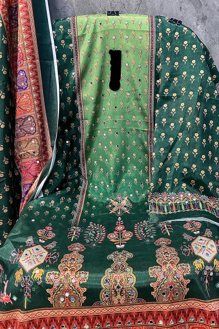 Digital Printed Pakistani Salwar Kameez Heavy Chinon Green & Multi Mirror Work With Chinon Dupatta 1