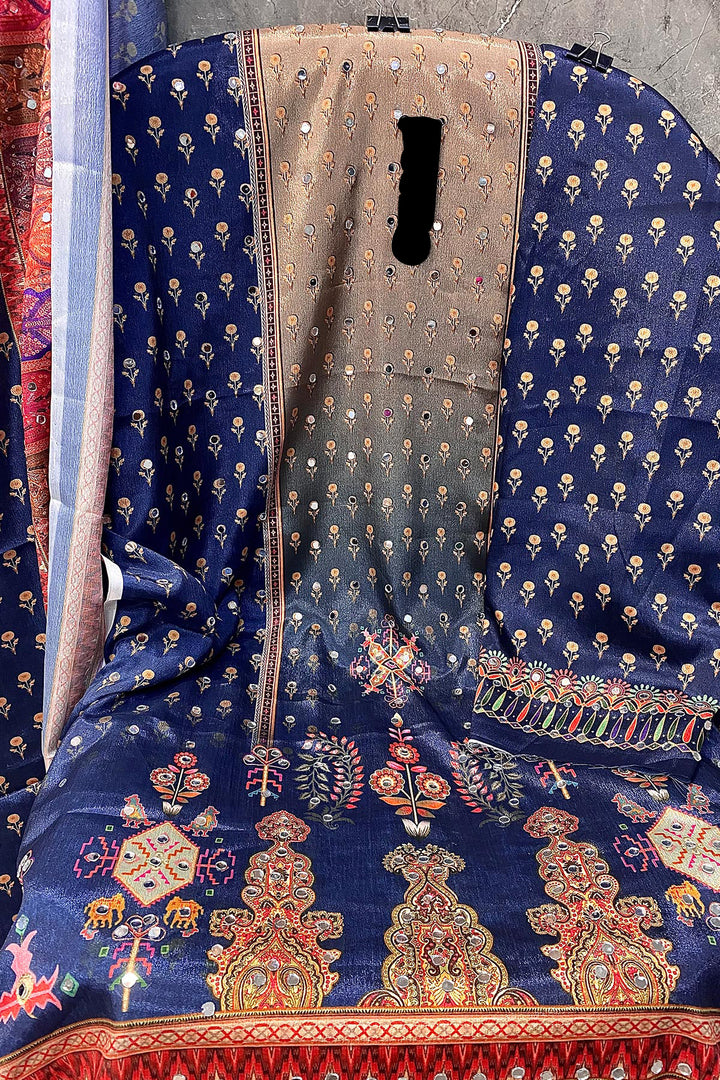 Digital Printed Pakistani Salwar Kameez Heavy Chinon Navy Blue & Multi Mirror Work With Chinon Dupatta