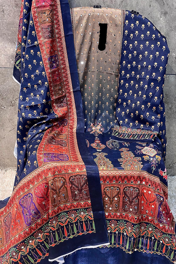Digital Printed Pakistani Salwar Kameez Heavy Chinon Navy Blue & Multi Mirror Work With Chinon Dupatta 1