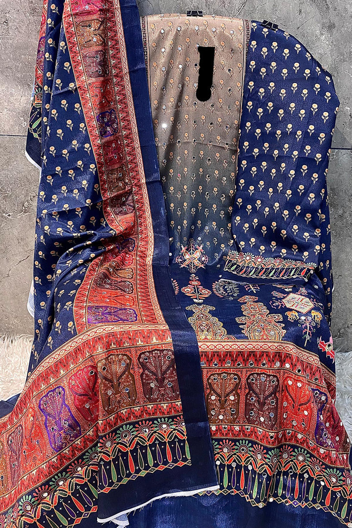 Digital Printed Pakistani Salwar Kameez Heavy Chinon Navy Blue & Multi Mirror Work With Chinon Dupatta 1