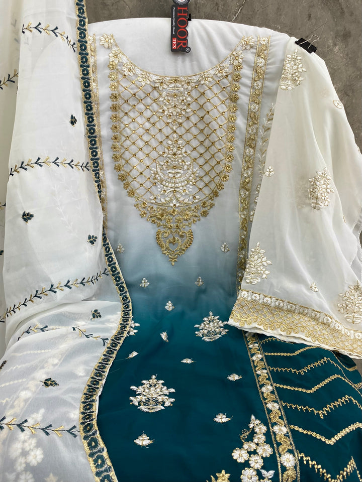Double Shade White & Blue Sharara Pakistani Salwar Kameez With Beautiful Embroidery Dupatta Work-1
