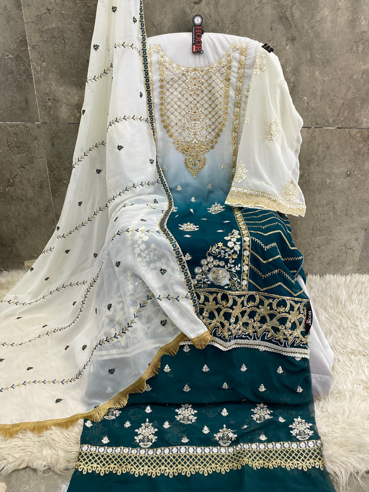 Double Shade White & Blue Sharara Pakistani Salwar Kameez With Beautiful Embroidery Dupatta Work