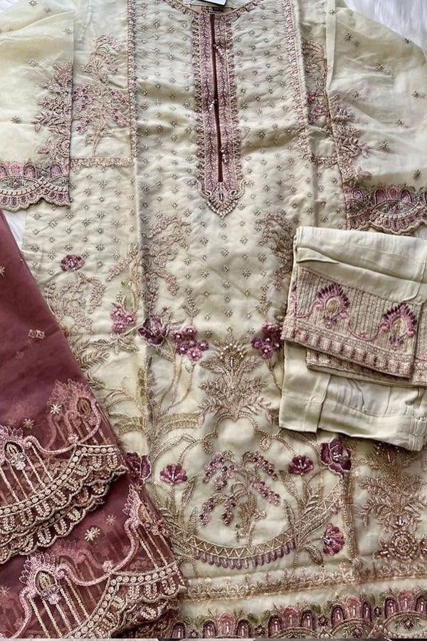 Dusty Color Organza Fabric Pakistani Hand Work Salwar Kameez