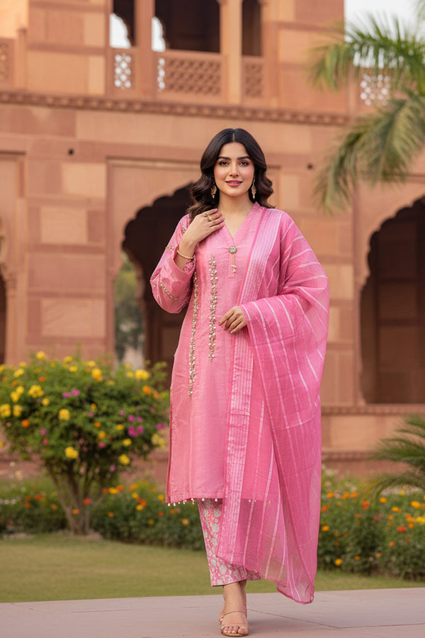 Ready To Wear Heavy Organza Baby Pink Pakistani Tunic Style With Organza Contrast Dupatta