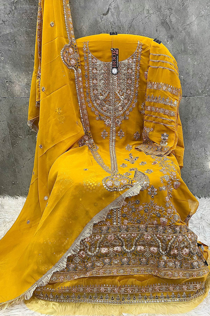 Eid Wear Yellow Pakistani Sharara Designer Foil Work With Beautiful Embroidery Dupatta Work-2