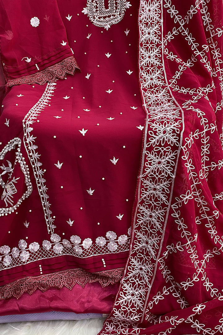 Elegant Red Pakistani Salwar Kameez With Heavy Dupatta Embroidery Work