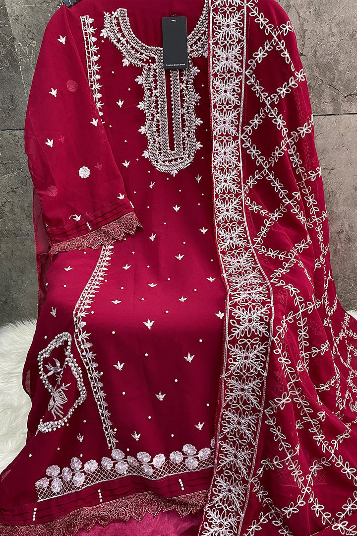 Elegant Red Pakistani Salwar Kameez With Heavy Dupatta Embroidery Work 1