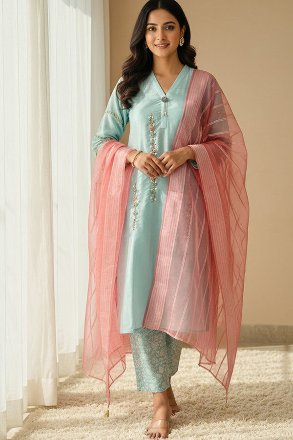 Ready To Wear Heavy Organza Sea Green Pakistani Tunic Style With Organza Contrast Dupatta