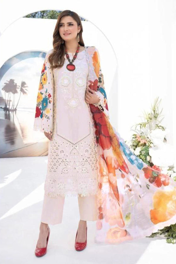 Light Peach Cotton Pakistani Salwar Kameez Embroidered With Imported Silk Chex Dupatta