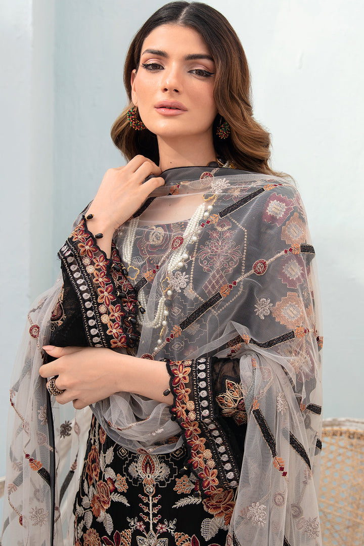 Fancy Black Pakistani Salwar Kameez Multi Color Embroidered With Heavy Net Dupatta