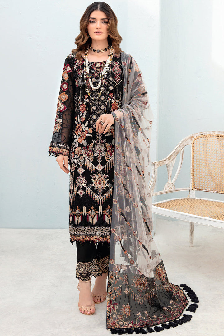 Fancy Black Pakistani Salwar Kameez Multi Color Embroidered With Heavy Net Dupatta 5