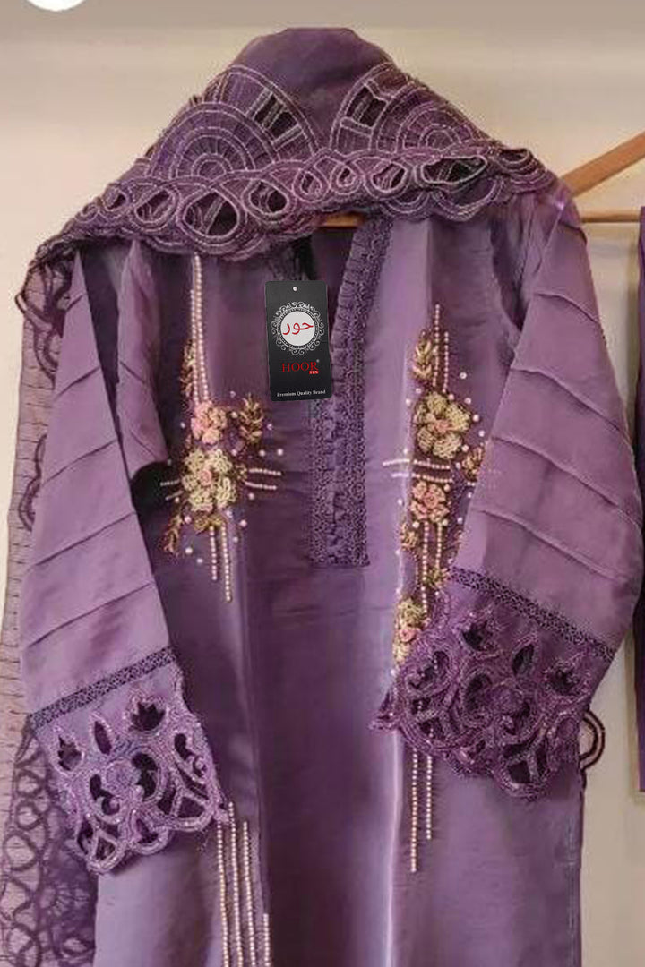 Full Stitched Collections Purple Heavy Organza Handwork Pakistani Style Tunic With Attractive Organza Dupatta-1