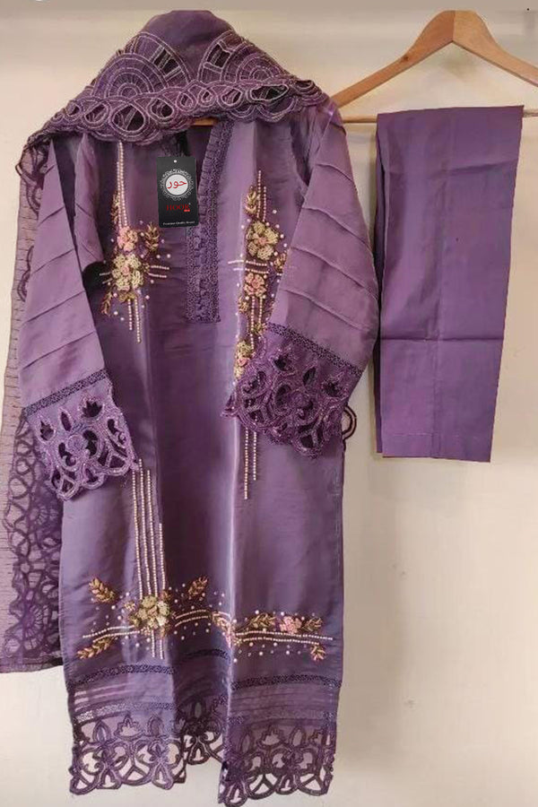 Full Stitched Collections Purple Heavy Organza Handwork Pakistani Style Tunic With Attractive Organza Dupatta