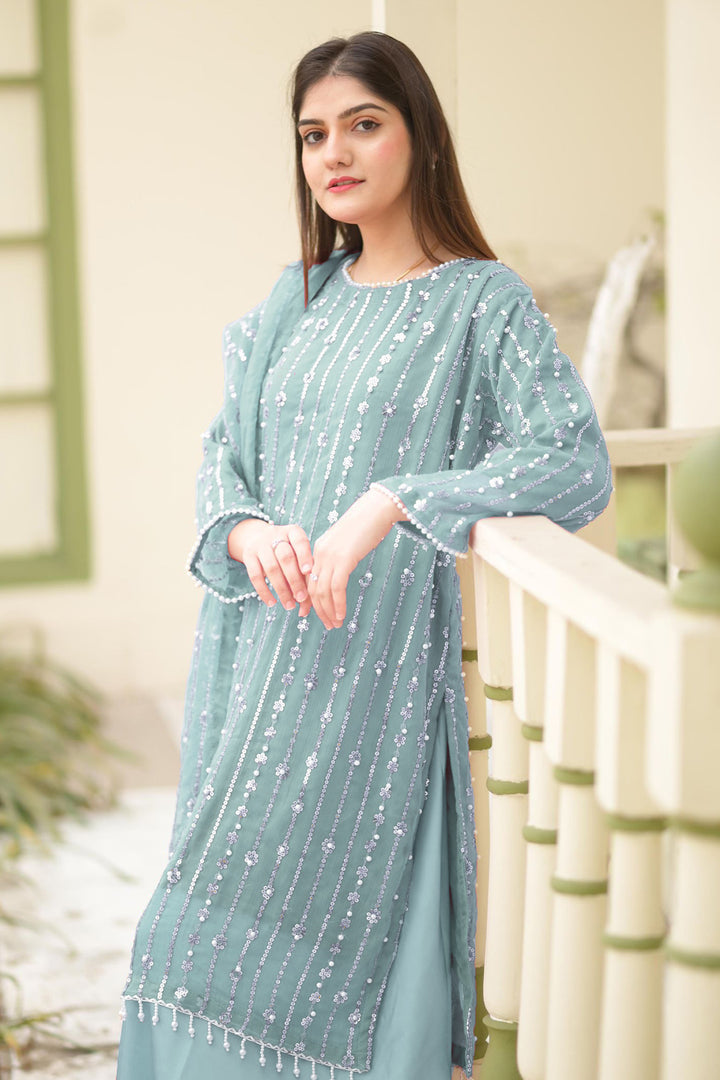 Full Stitched Elegance Sky Blue Pakistani Style Palazzo Front & Back Work With Attractive Embroidery Dupatta Work-2