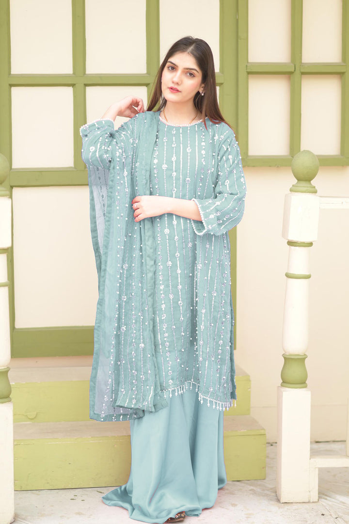Full Stitched Elegance Sky Blue Pakistani Style Palazzo Front & Back Work With Attractive Embroidery Dupatta Work