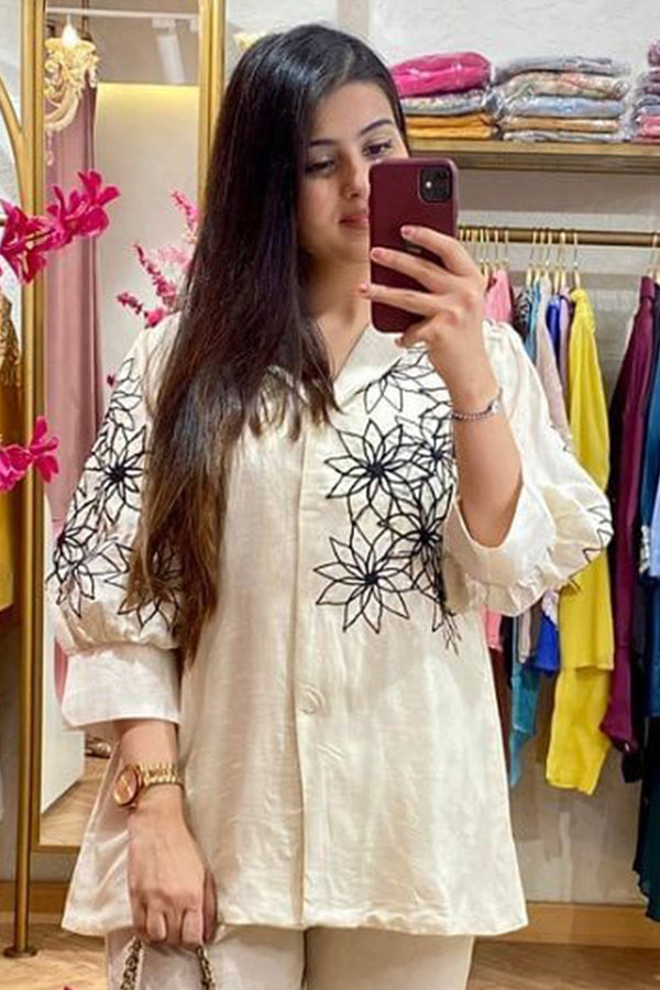 Full Stitched Imported Silk Embroidery Pakistani Off White Co-Ord Set