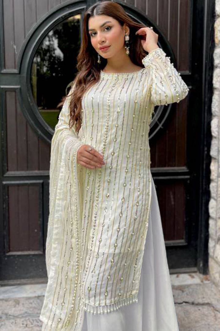 Full Stitched Precious White Pakistani Style Palazzo Front & Back Work With Beautiful Embroidery Dupatta Work-1