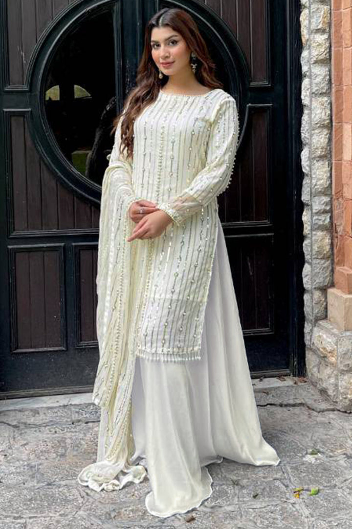 Full Stitched Precious White Pakistani Style Palazzo Front & Back Work With Beautiful Embroidery Dupatta Work-2