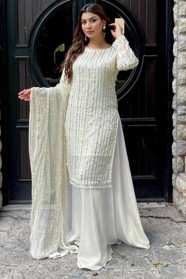 Full Stitched Precious White Pakistani Style Palazzo Front & Back Work With Beautiful Embroidery Dupatta Work