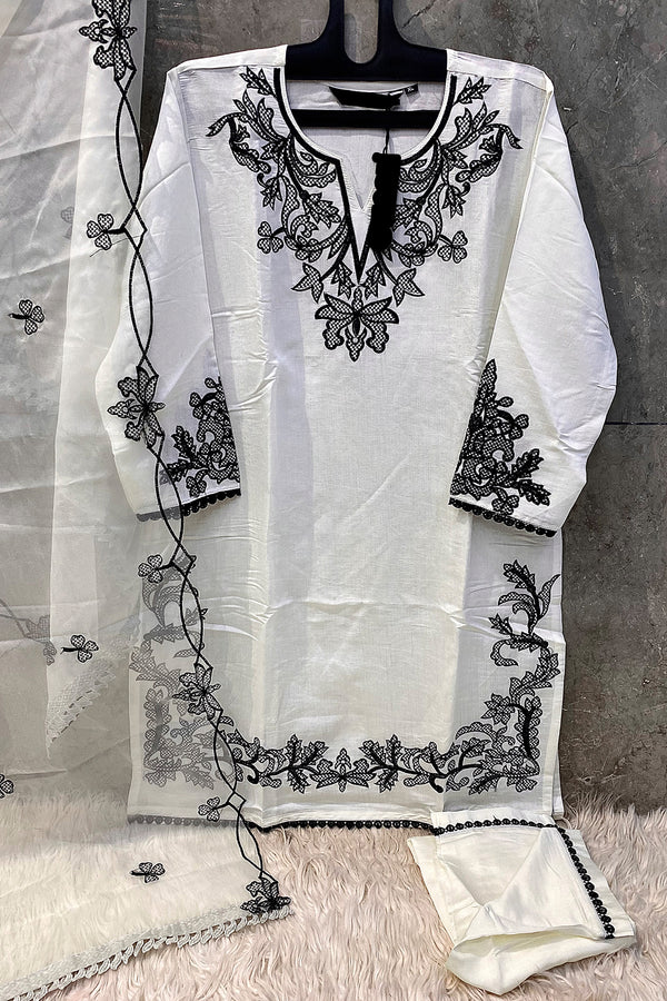 Full Stitched White & Black Embroidered Viscose Silk Pakistani Tunic With Heavy Organza Dupatta