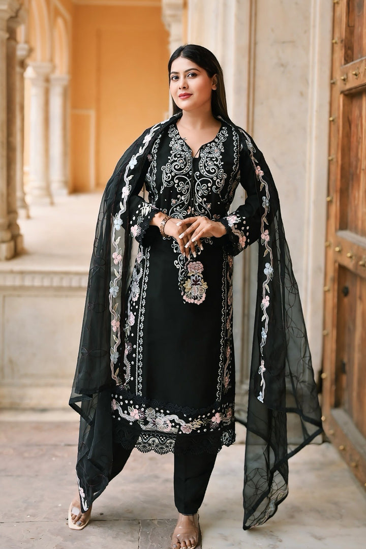 Fully Stitched Black & White Pakistani Tunic Style Salwar Kameez With Organza Dupatta