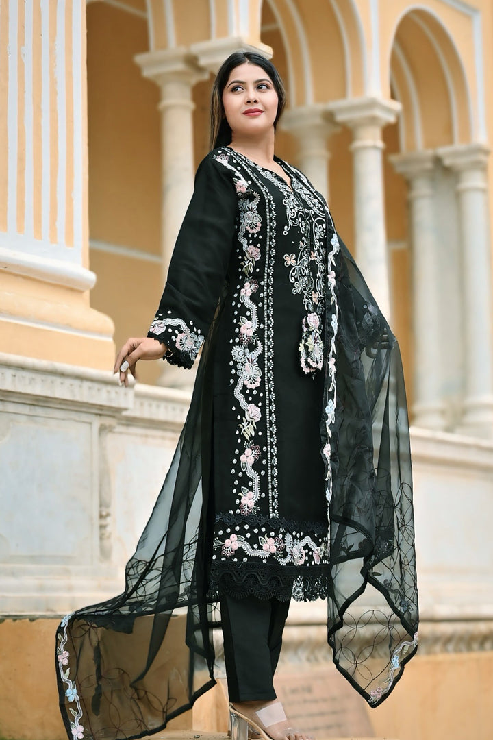 Fully Stitched Black & White Pakistani Tunic Style Salwar Kameez With Organza Dupatta