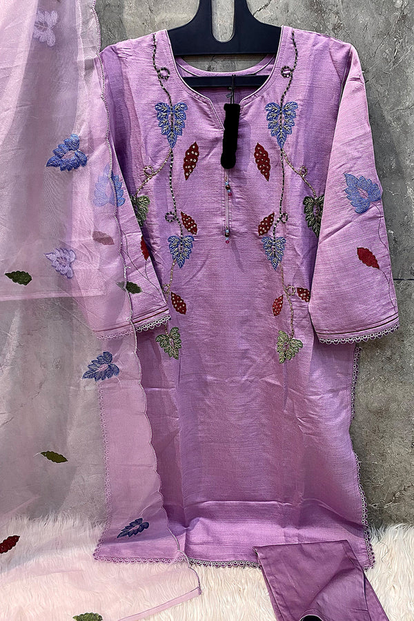 Fully Stitched Light Lavender Crystal Viscose Pakistani Salwar & Heavy Organza Dupatta Work