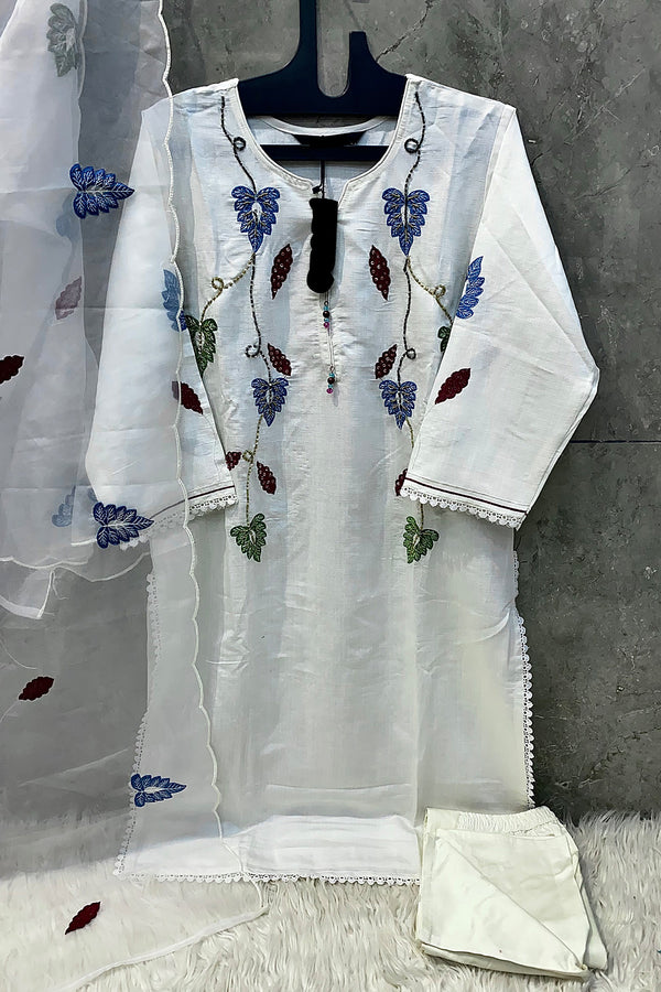 Fully Stitched White Crystal Viscose Pakistani Salwar & Heavy Organza Dupatta Work