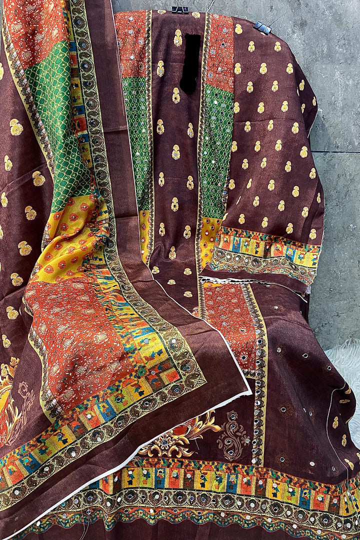 Heavy Chinon Coffee & Multi Embroidered Mirror Work Pakistani Salwar Kameez With Chinon Dupatta Work