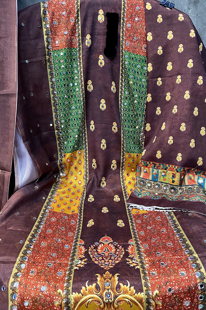 Heavy Chinon Coffee & Multi Embroidered Mirror Work Pakistani Salwar Kameez With Chinon Dupatta Work 1