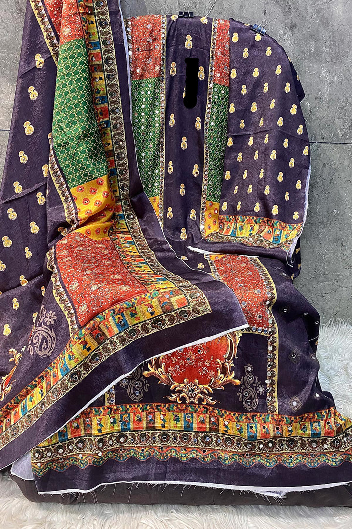 Heavy Chinon Dark Wine & Multi Embroidered Mirror Work Pakistani Salwar Kameez With Chinon Dupatta Work