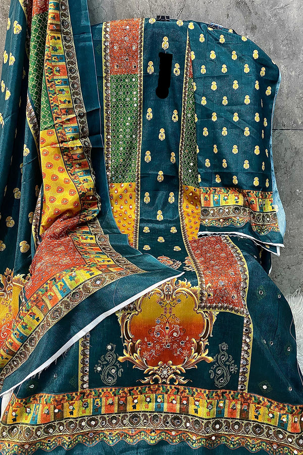 Heavy Chinon Coffee & Multi Embroidered Mirror Work Pakistani Salwar Kameez With Chinon Dupatta Work