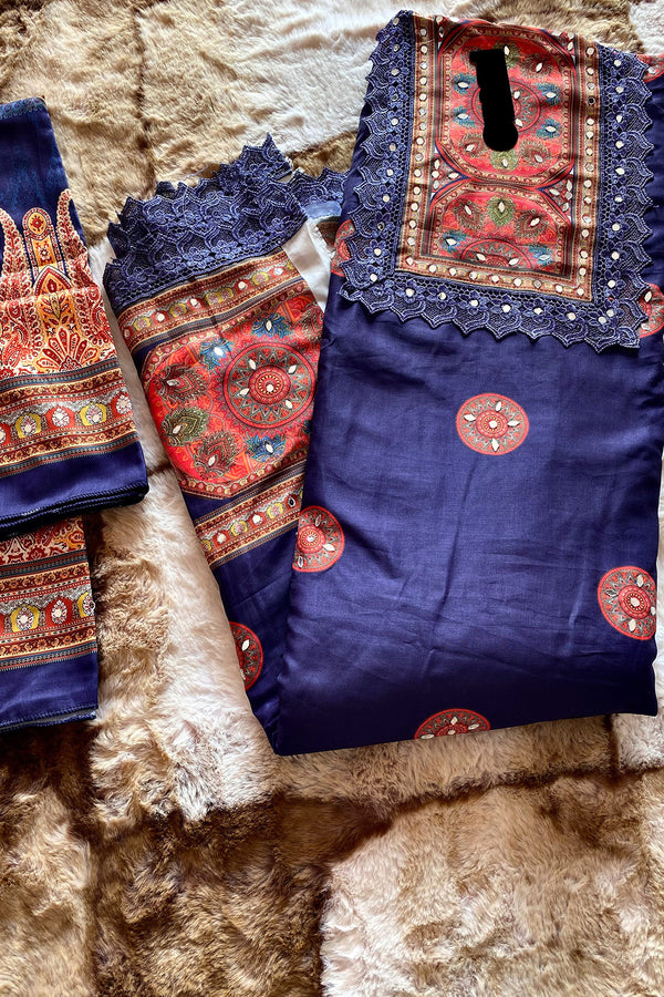 Heavy Muslin Printed Fabric Navy Blue Pakistani Salwar Kameez With Heavy Printed Muslin Dupatta Work 1
