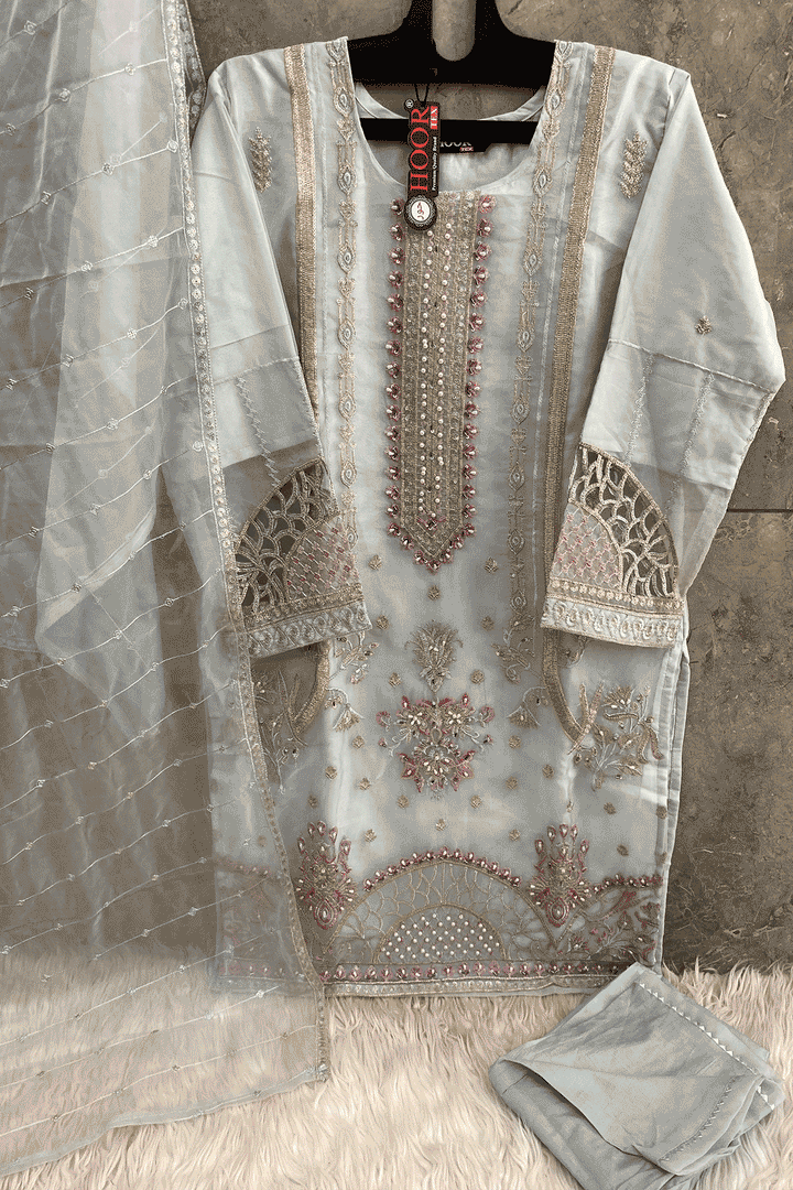 Heavy Organza Ready To Wear Light Grey Pakistani Tunic Style With Beautiful Dupatta Work-1