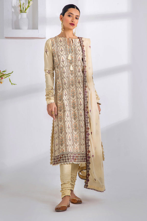 Hoortex Heavy Cotton Light Cream Pakistani Salwar Kameez With Lovely Cotton Dupatta-1