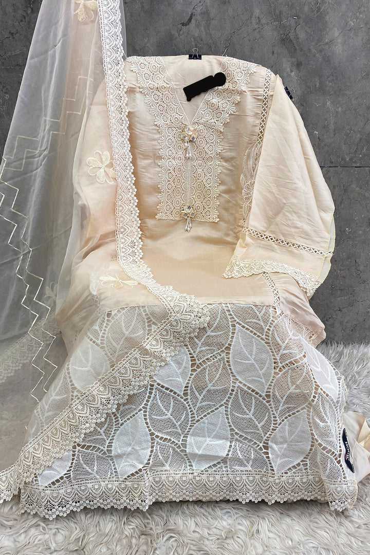 Imported Korean Fabric Light Cream Pakistani Salwar Kameez With Beautiful Heavy Net Dupatta