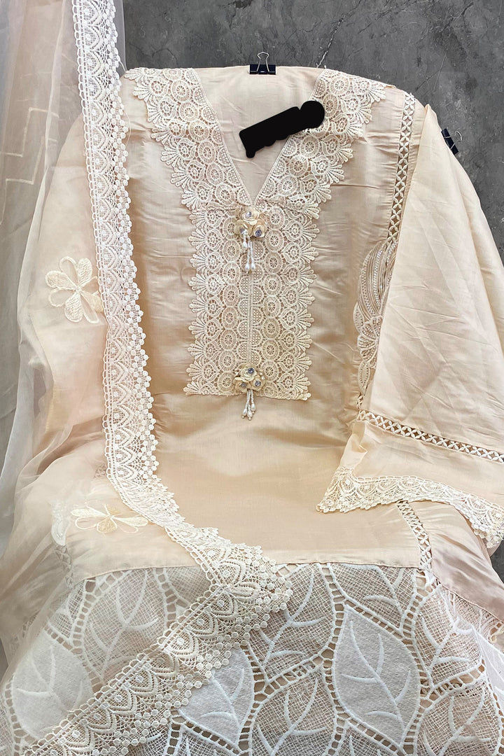 Imported Korean Fabric Light Cream Pakistani Salwar Kameez With Beautiful Heavy Net Dupatta 1