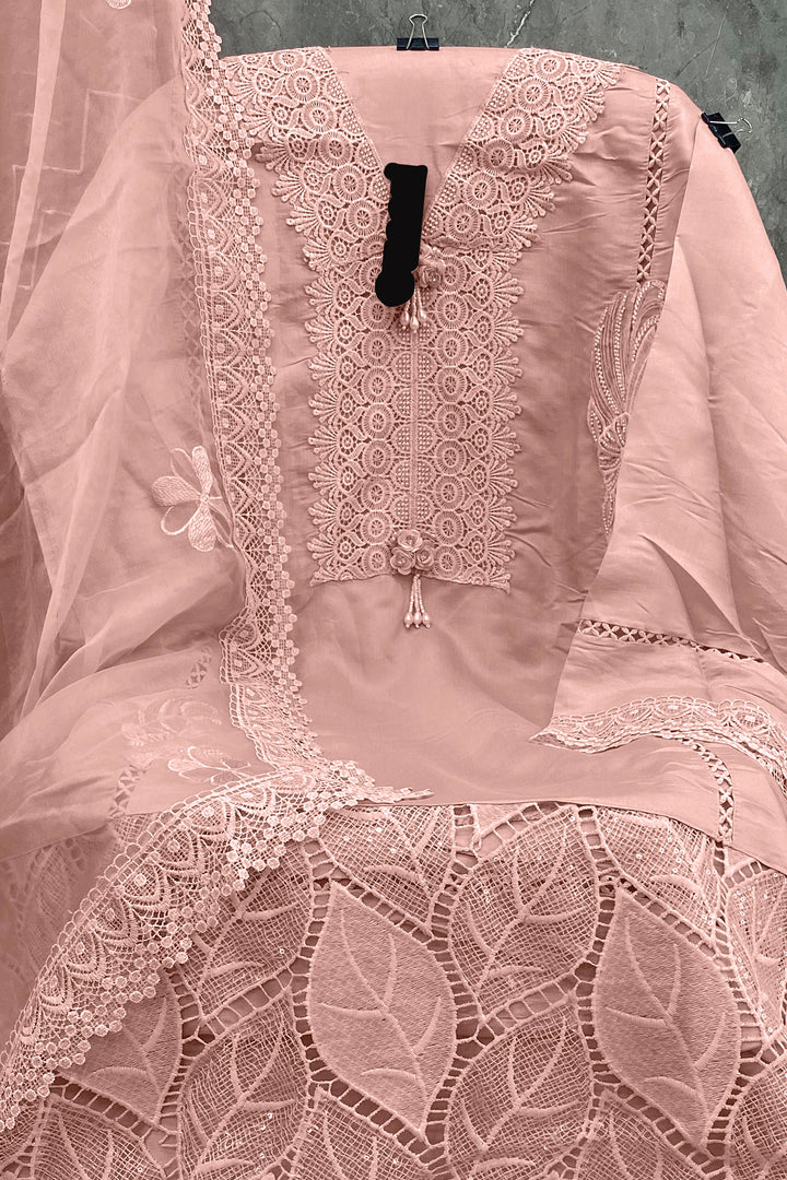 Imported Korean Fabric Light Peach Pakistani Salwar Kameez With Beautiful Heavy Net Dupatta