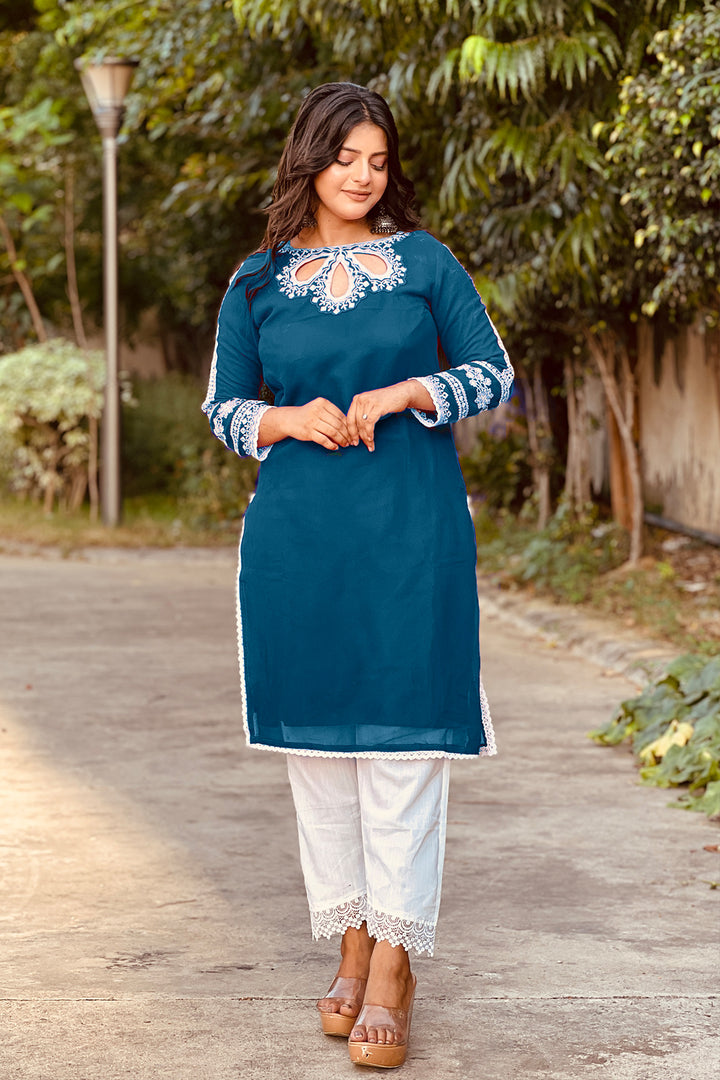 Latest Mirror Work Pakistani Tunic Style Denim Rama Blue Salwar Kameez