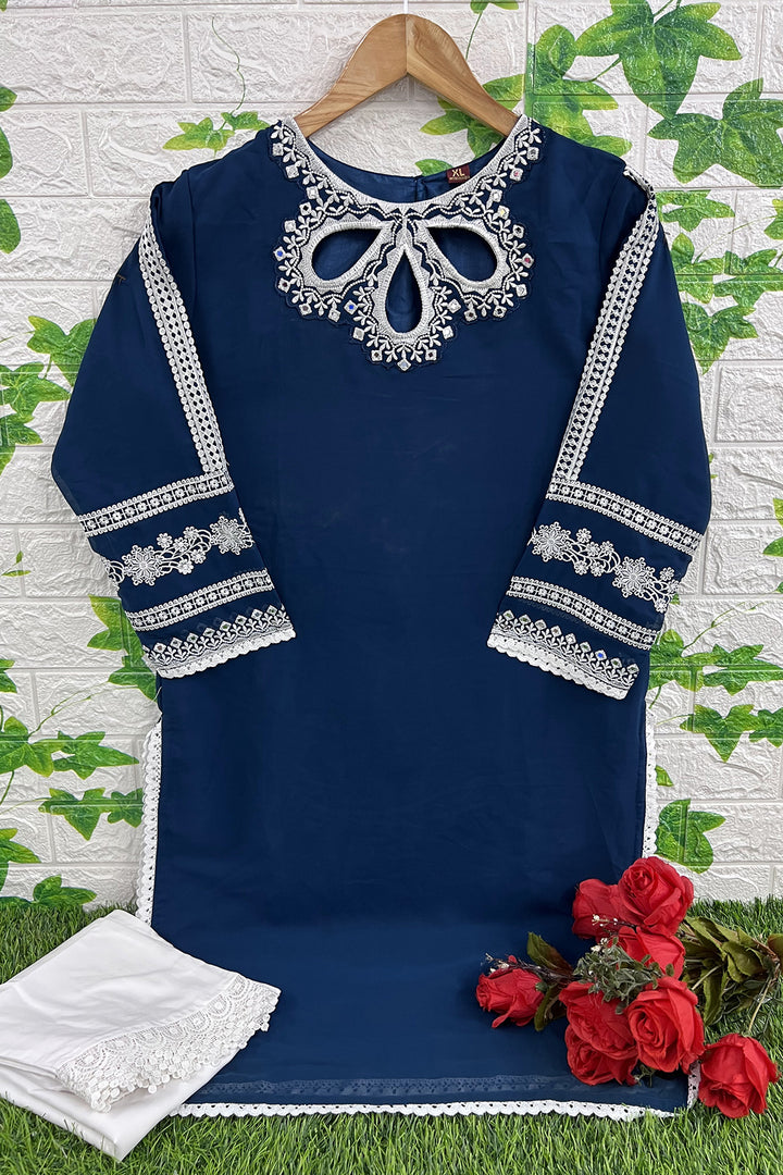 Latest Mirror Work Pakistani Tunic Style Denim Rama Blue Salwar Kameez 1