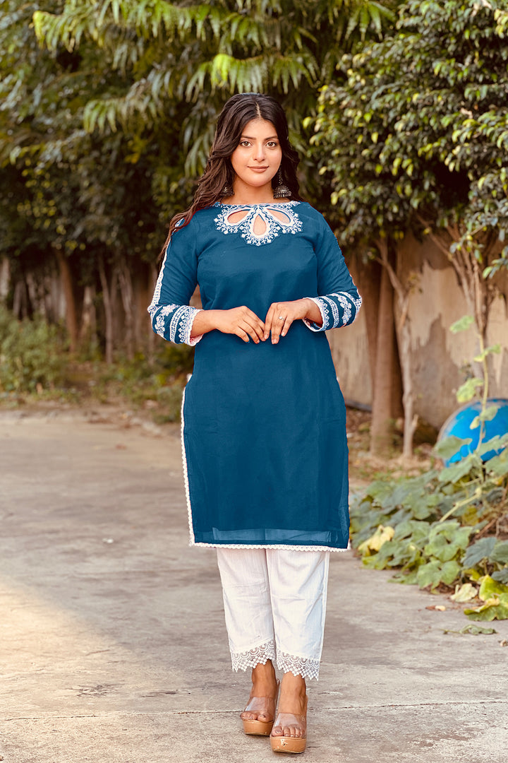 Latest Mirror Work Pakistani Tunic Style Denim Rama Blue Salwar Kameez 4