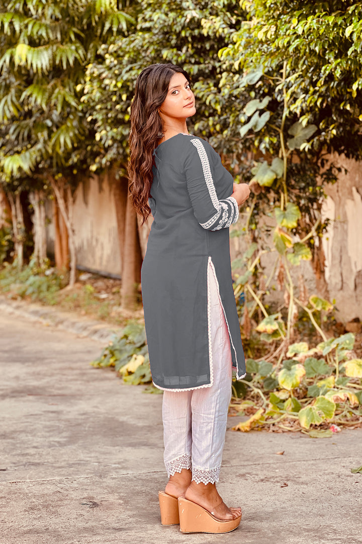 Latest Mirror Work Pakistani Tunic Style Grey Color Salwar Kameez 1