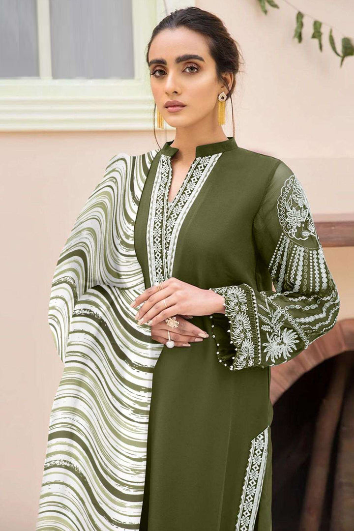 Latest Tunic Style Pakistani Salwar Kameez Mehndi Color With Chiffon Digital Printed Dupatta-1