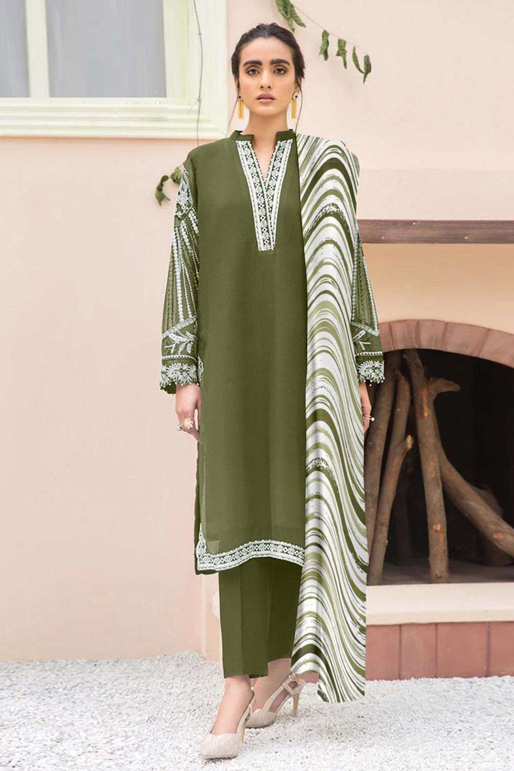 Latest Tunic Style Pakistani Salwar Kameez Mehndi Color With Chiffon Digital Printed Dupatta-2