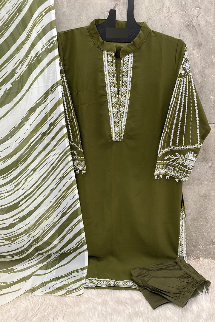 Latest Tunic Style Pakistani Salwar Kameez Mehndi Color With Chiffon Digital Printed Dupatta-3