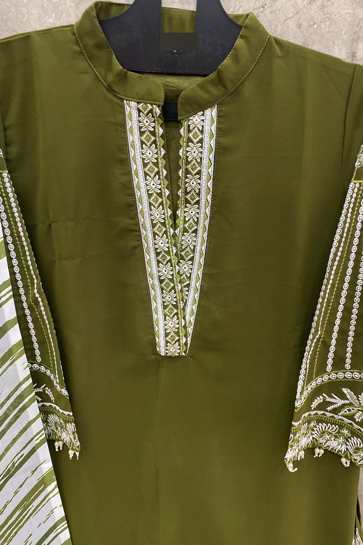 Latest Tunic Style Pakistani Salwar Kameez Mehndi Color With Chiffon Digital Printed Dupatta