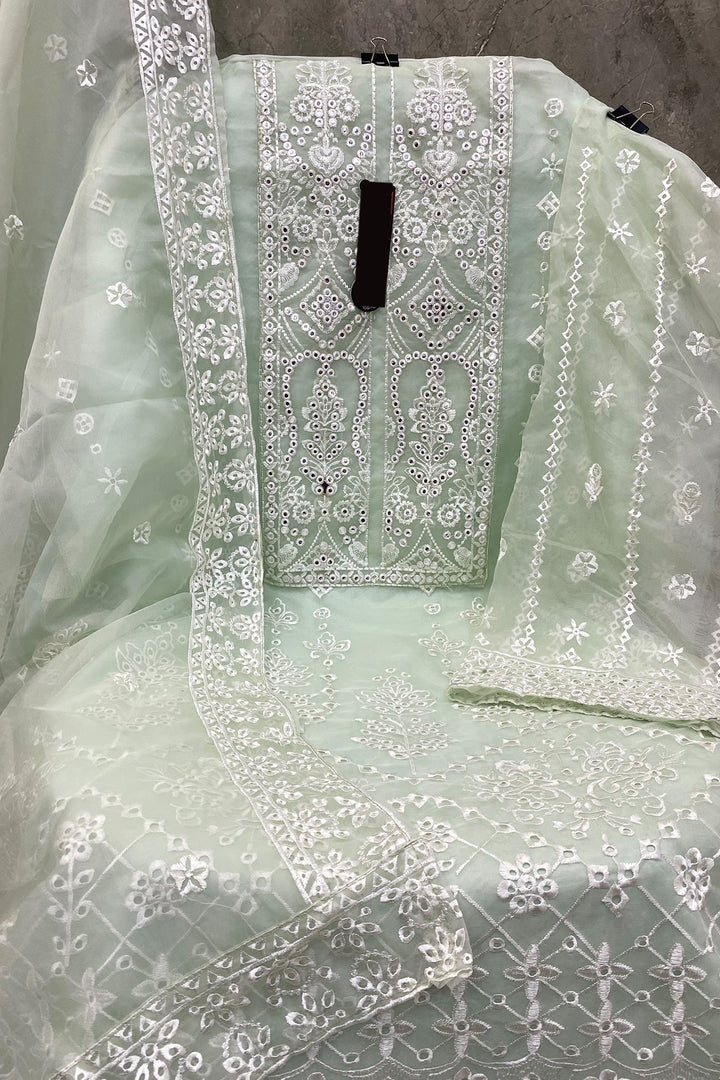 Light Pista Embroidered Organza Fabric Pakistani Salwar Kameez With Beautiful Dupatta