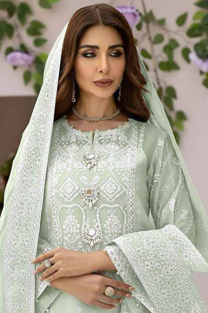 Light Pista Embroidered Organza Fabric Pakistani Salwar Kameez With Beautiful Dupatta 1