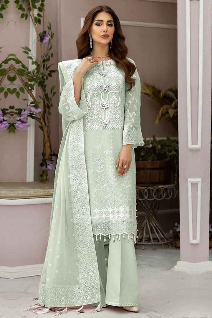 Light Pista Embroidered Organza Fabric Pakistani Salwar Kameez With Beautiful Dupatta 3